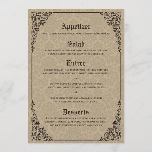 Beige Gothic Victoriaans Damask Wedding Menu Cards (Achterkant)