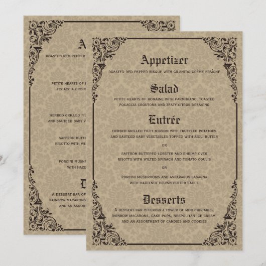 Beige Gothic Victoriaans Damask Wedding Menu Cards (Voorkant / Achterkant)