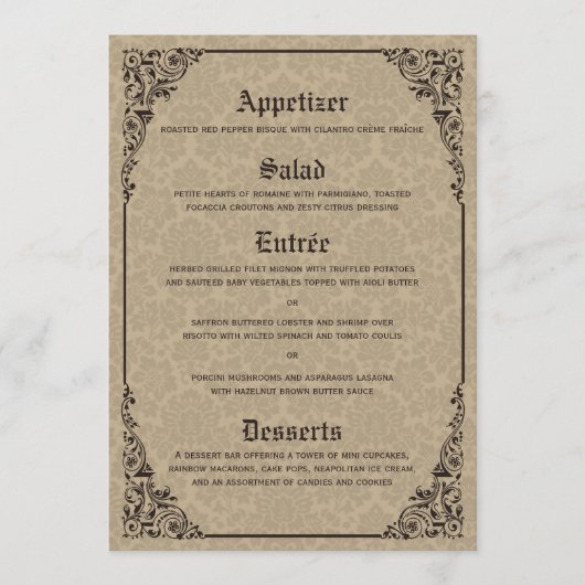 Beige Gothic Victoriaans Damask Wedding Menu Cards (Voorkant)