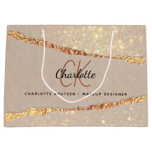 Beige goud agaat marmeren monogram bedrijf groot cadeauzakje (Voorkant)
