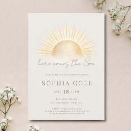 Beige Goud Hier Komt de Zoon Jongens Baby Shower Kaart