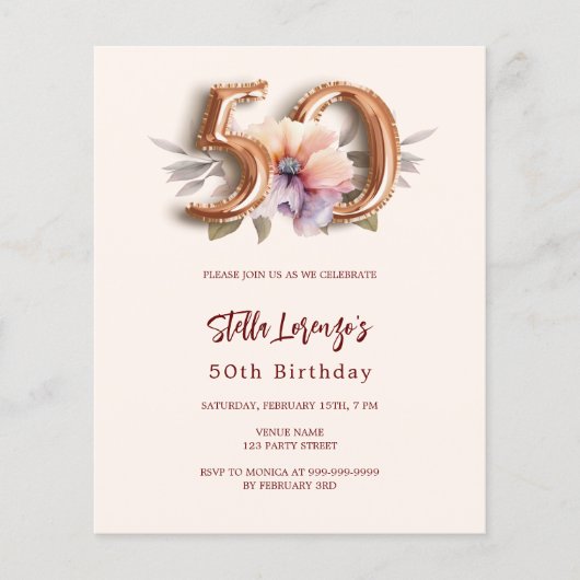 Beige goud perzik bloem budget 50ste verjaardag (Voorkant)