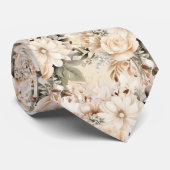 Beige Goud Taan Ivoorwit Aquarel Bloemenprint Stropdas (Opgerold)