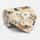 Beige Goud Taan Ivoorwit Aquarel Bloemenprint Stropdas (Opgerold)