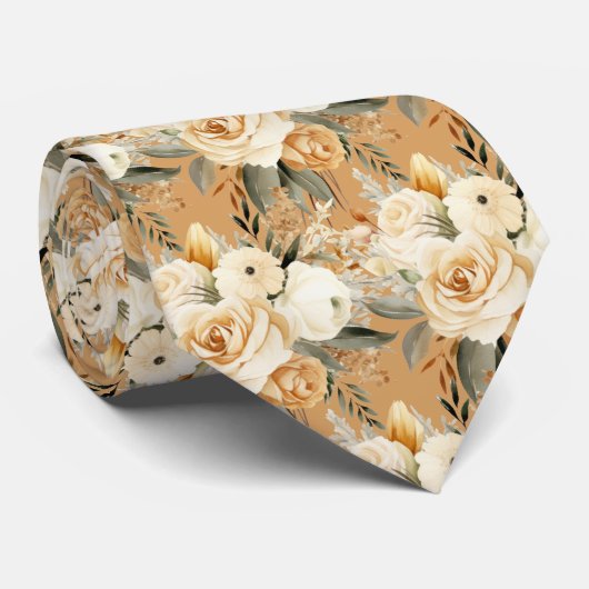 Beige Goud Tan Ivoor Witte Waterverf Bloemen Stropdas (Opgerold)