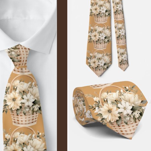 Beige Goud Tan Ivoor Witte Waterverf Bloemen Stropdas