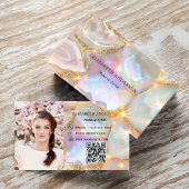 Beige gouden agaat holografische foto qr code visitekaartje