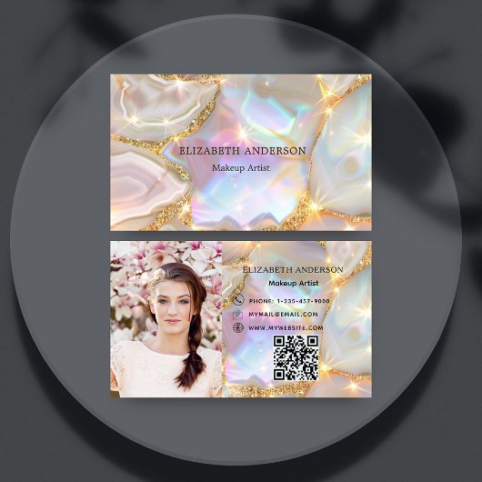 Beige gouden agaat holografische foto qr code visitekaartje