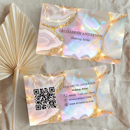 Beige gouden agaat holografische qr-code visitekaartje