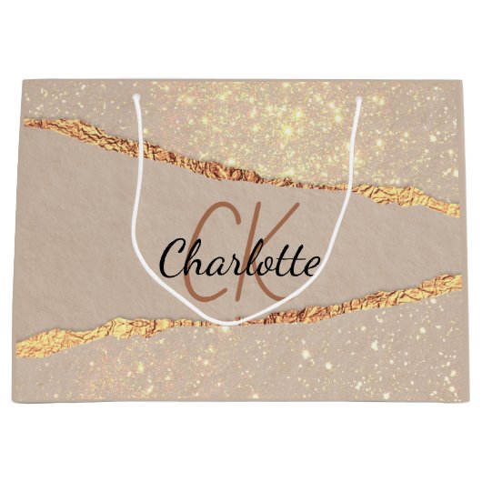Beige gouden agaat marmeren monogram groot cadeauzakje (Voorkant)