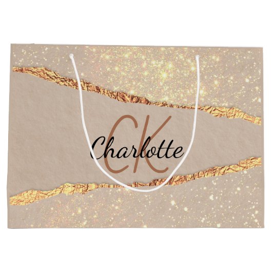 Beige gouden agaat marmeren monogram groot cadeauzakje (Achterkant)