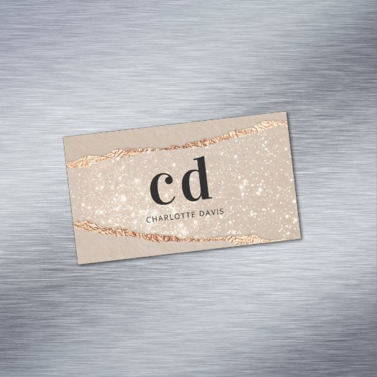 Beige gouden agaat marmeren monogram initialen magnetisch visitekaartje (Voorbeeld)