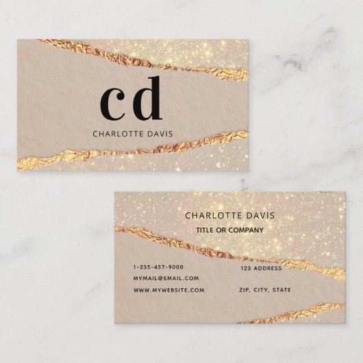 Beige gouden agaat marmeren monogram initialen visitekaartje (Voorkant / Achterkant)
