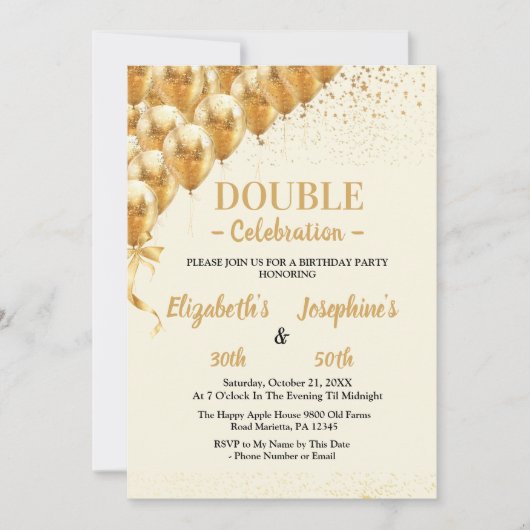 Beige Gouden Ballonnen Glitter Dubbele Verjaardag Kaart (Voorkant)