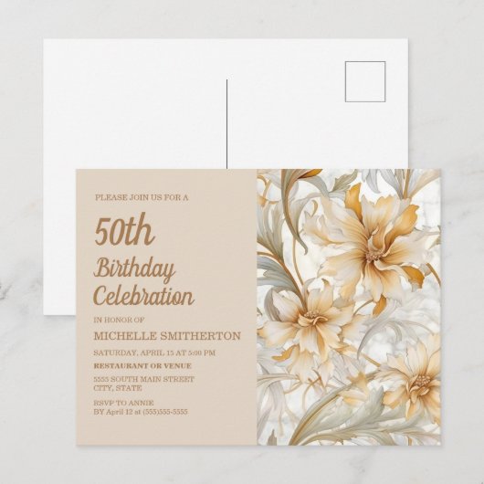Beige Gouden Bloemen 50ste Verjaardag Vrouwen Uitnodiging Briefkaart (Voorkant / Achterkant)