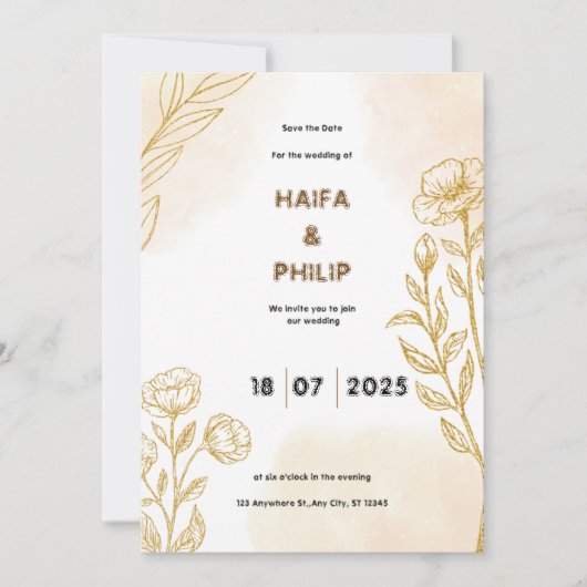 Beige Gouden Bloemen Fijne Lichte Huwelijksuitnodi Kaart (Voorkant)