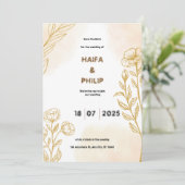 Beige Gouden Bloemen Fijne Lichte Huwelijksuitnodi Kaart (Staand voorkant)
