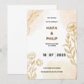 Beige Gouden Bloemen Fijne Lichte Huwelijksuitnodi Kaart (Voorkant / Achterkant)