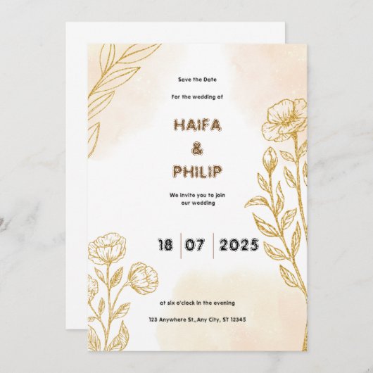 Beige Gouden Bloemen Fijne Lichte Huwelijksuitnodi Kaart (Voorkant / Achterkant)