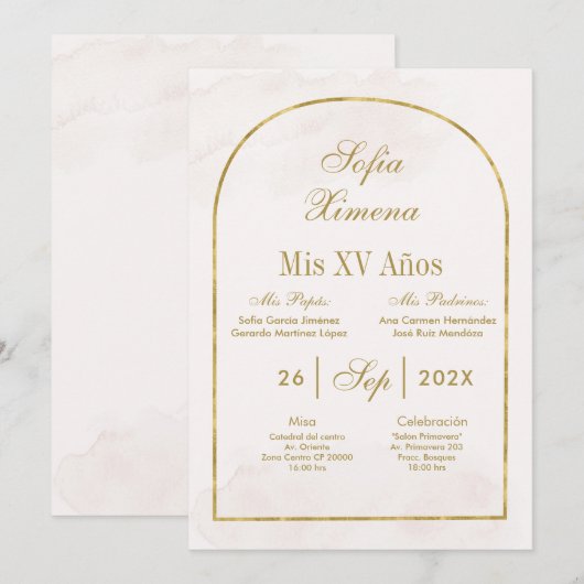 Beige gouden boog Quinceañera Kaart (Voorkant / Achterkant)