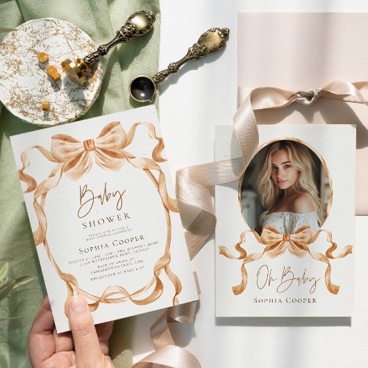 Beige & Gouden Coquette Bow Foto Baby shower Kaart
