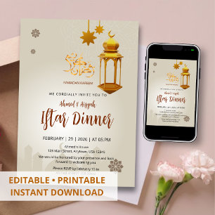 Beige Gouden Lantaarn & Moskee Ramadan Iftar Kaart