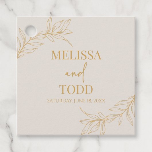 Beige gouden minimalistische tak blad bruiloft bedankjes labels (Voorkant)