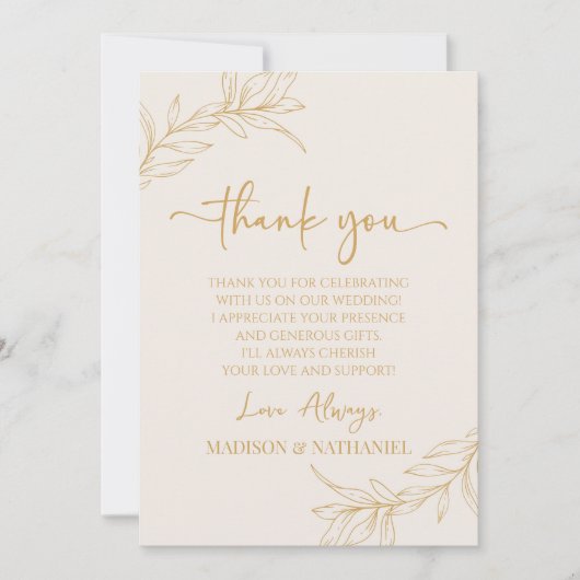 Beige gouden minimalistische tak blad bruiloft bedankkaart (Voorkant)