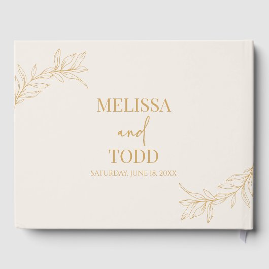 Beige gouden minimalistische tak blad bruiloft gastenboek (Achterkant)