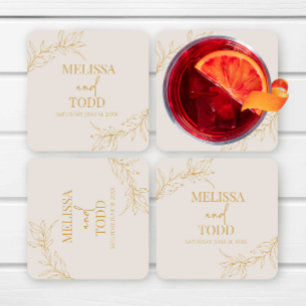 Beige gouden minimalistische tak blad bruiloft kartonnen onderzetters