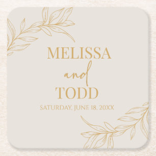 Beige gouden minimalistische tak blad bruiloft kartonnen onderzetters