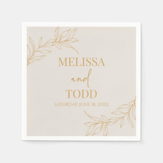 Beige gouden minimalistische tak blad bruiloft servet (Voorkant)