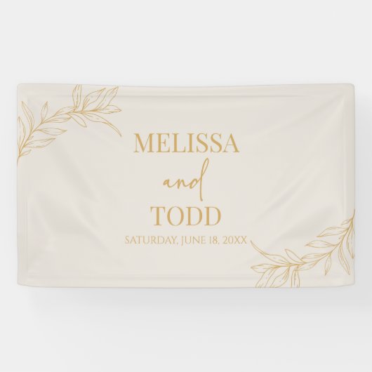 Beige gouden minimalistische tak blad bruiloft spandoek (Horizontaal)