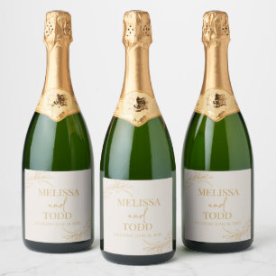 Beige gouden minimalistische tak blad bruiloft sparkling wijnetiket