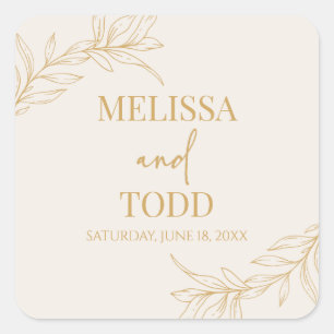 Beige gouden minimalistische tak blad bruiloft vierkante sticker