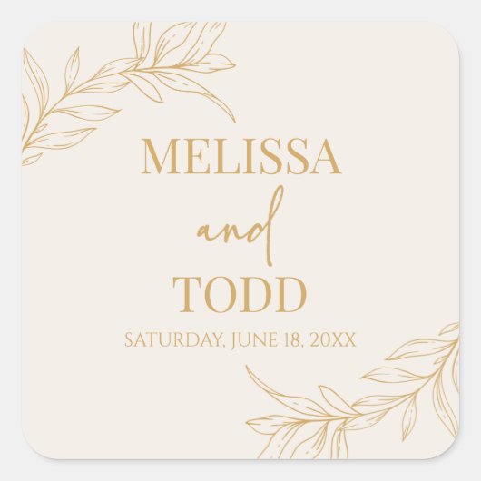 Beige gouden minimalistische tak blad bruiloft vierkante sticker (Voorkant)