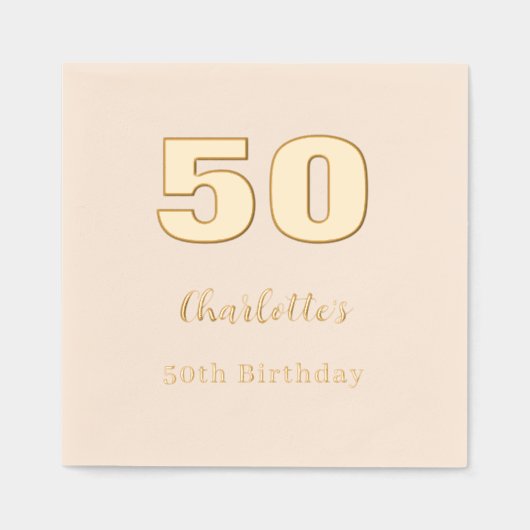 Beige gouden naam elegant verjaardagsfeestje folie servetten (Voorkant)