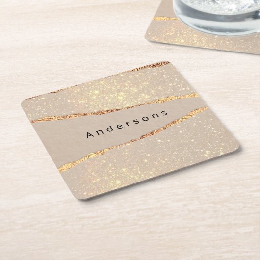 Beige gouden naam modern kartonnen onderzetters (Schuin)