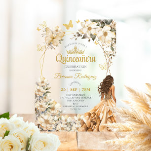 Beige Gouden Tiara Bloem Vlinder Quinceañera Acryl Uitnodigingen