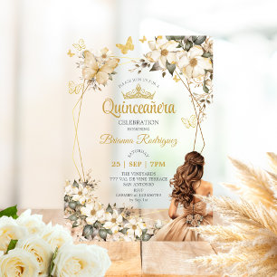 Beige Gouden Tiara Bloem Vlinder Quinceañera Acryl Uitnodigingen