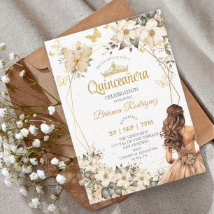 Beige Gouden Tiara Bloem Vlinder Quinceañera  Kaart