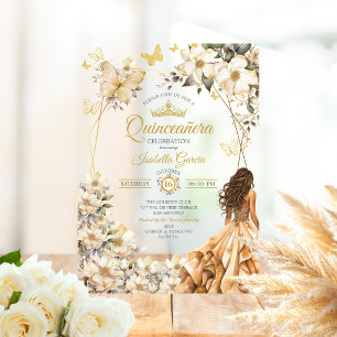 Beige Gouden Tiara Bloem Vlinders Quinceañera Acryl Uitnodigingen