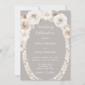 Beige Gray Floral White Pearls Wedding Invitation Kaart (Voorkant)