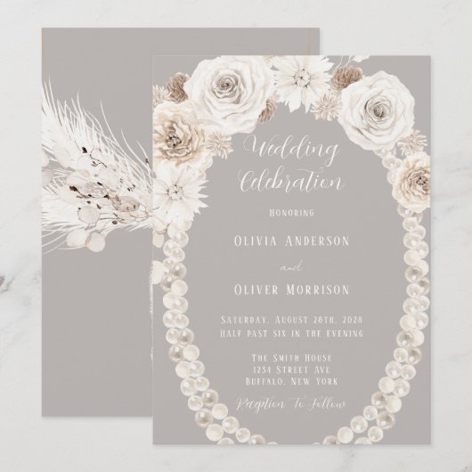 Beige Gray Floral White Pearls Wedding Invitation Kaart (Voorkant / Achterkant)