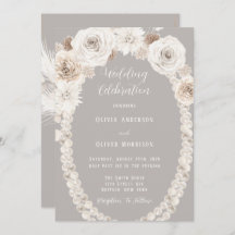 Beige Gray Floral White Pearls Wedding Invitation