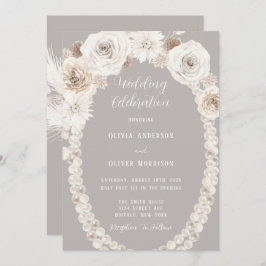 Beige Gray Floral White Pearls Wedding Invitation Kaart