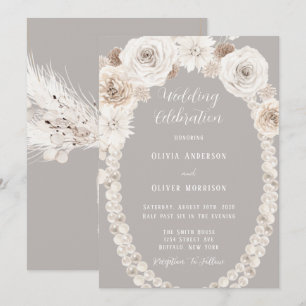 Beige Gray Floral White Pearls Wedding Invitation Kaart