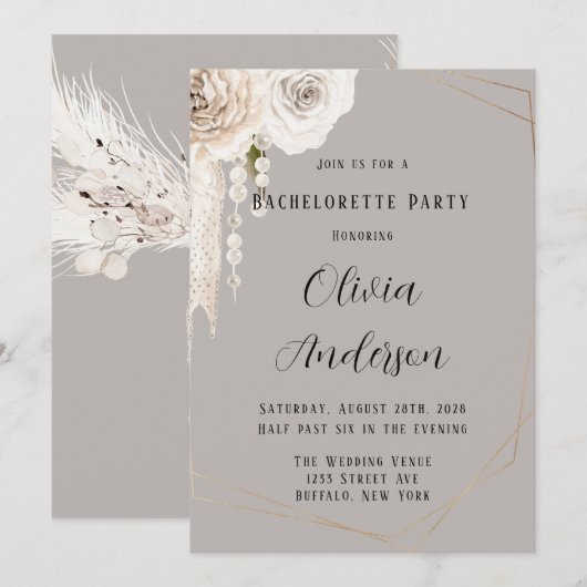 Beige Gray White Floral Pearls Bachelorette Party Kaart (Voorkant / Achterkant)