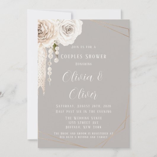 Beige Gray White Floral Pearls Couples Shower Kaart (Voorkant)