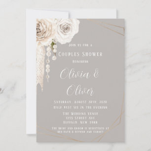 Beige Gray White Floral Pearls Couples Shower Kaart